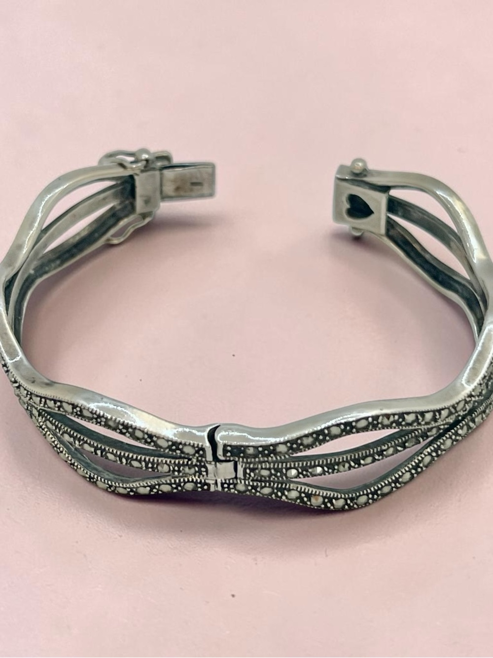 Sterling Silver Marcasite Wave Cuff Bracelet - Silver 925 35g
